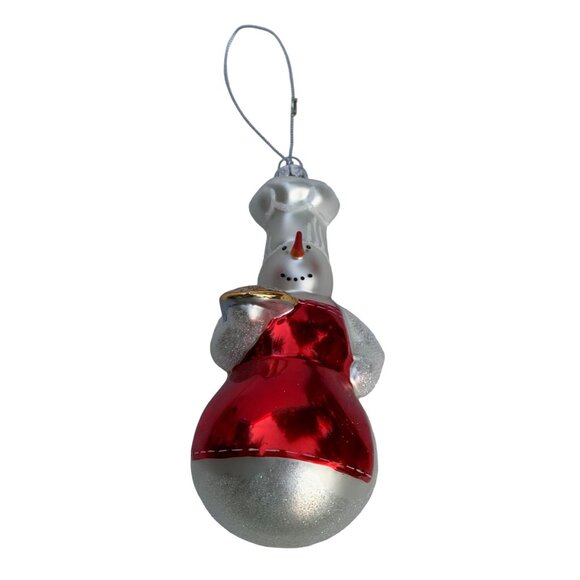 William Sonoma Blown Glass Snowman Chef Ornament Silver & Red 5" - Picture 1 of 7